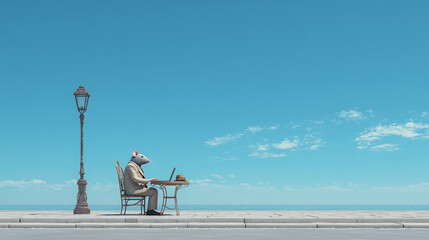 Anthropomorphic Rat in a Business Suit Working on a Laptop by the Ocean, Surreal freelancing, remote job in business Concept