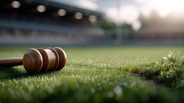 Gavel resting on the grass of a sports field during a sunny afternoon, representing the intersection of law and athletic competition