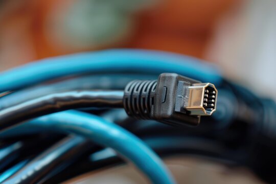 Firewire cable connector transmitting data with coiled cable in background suggesting technology and connectivity