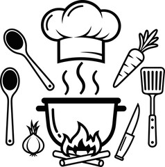 Cooking utensils and fresh vegetable preparation for restaurant, culinary show, kitchen menu. Black line art style vector illustration