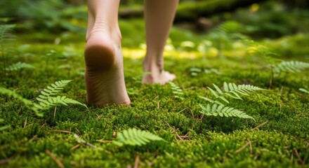 Barefoot person walking on mossy ground in a lush green forest with ferns