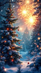 Snowy Christmas Tree with Fireworks at Night