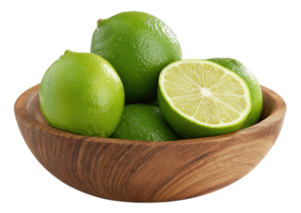 Green limes filling rustic wooden bowl, one lime sliced