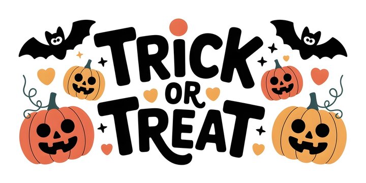 "Trick or Treat" Halloween banner with cute pumpkins, spooky bats, festive hearts, stars, and playful autumn vibes, perfect for invitations, backgrounds, and holiday designs. - Powered by Adobe