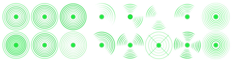 Digital green radar display with signal rotation and scanning circles. Futuristic sonar system concept for navigation, ship, and submarine tracking UI.