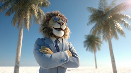 lion in business attire, suit, on beach with the palm trees behind, boss on vacation