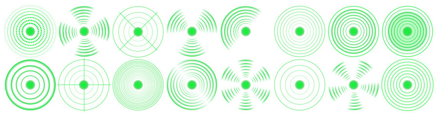 Glowing green radar screen with rotating beam and digital signal dots. Abstract sonar design representing futuristic detection and monitoring system.