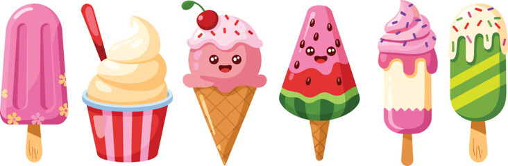 Cute colorful ice cream collection, cartoon popsicles, and sweet dessert cones illustration, summer treat design for kids, fun, and food art