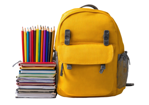 Yellow backpack with books and colorful pencils stack