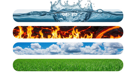 Four elements represented by water fire air and earth isolated on transparent background