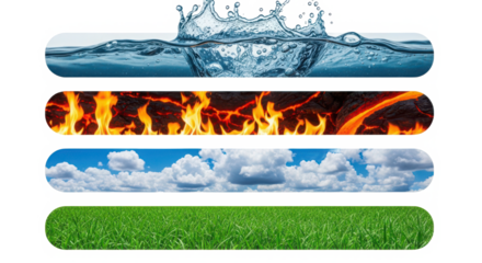 Four elements represented by water fire air and earth isolated on transparent background