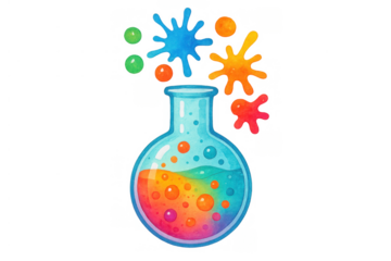 Science experiment concept watercolor illustrating a colorful chemical reaction in a flask with exploding splashes
