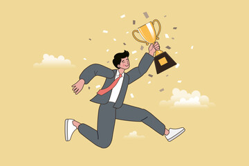 A happy businessman in a suit is running and holding a giant gold trophy. He is celebrating a successful victory, winning a competition, or receiving a first place award for his achievement.