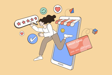 A happy woman jumps from a smartphone store after a successful purchase with her credit card. She gives a 5-star rating, showing high customer satisfaction with the e-commerce app.