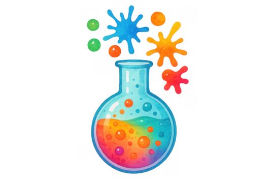 Science experiment concept watercolor illustrating a colorful chemical reaction in a flask with exploding splashes