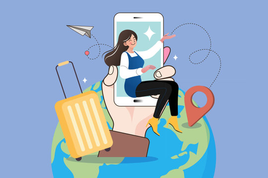 A woman uses a travel app on a smartphone to plan a global vacation. She sits in a giant hand with luggage, a map pin, and a paper airplane, symbolizing an easy online booking for her journey.