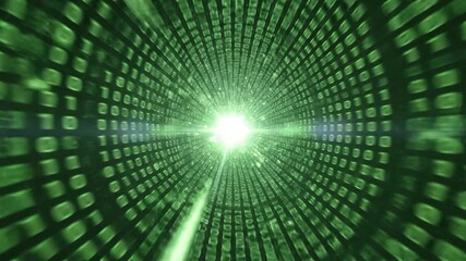 A digital tunnel of green binary code converges toward a bright light, creating a sense of movement - Powered by Adobe