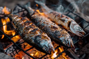 Three delicious fish grilling over open flames on a metal grill, cooking over hot coals
