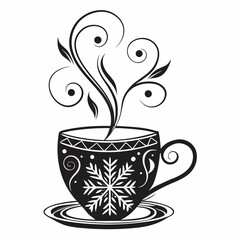 Elegant black and white illustration of a steaming coffee cup adorned with a snowflake and swirling decorative patterns perfect for winter themes