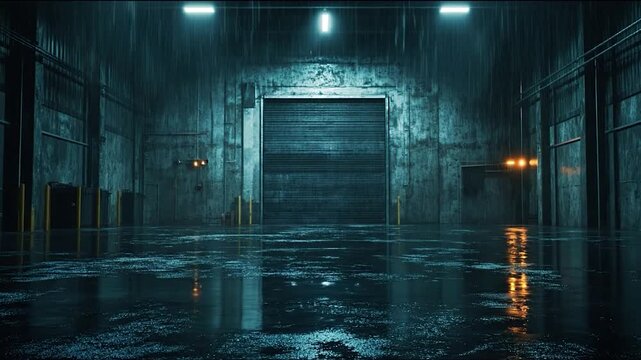 Dimly lit warehouse interior with corrugated metal door and wet floor under rain