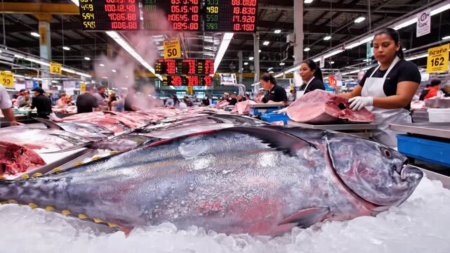 A bustling fish market features vendors, ice beds, and a display of large tuna