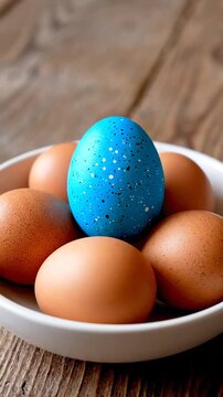 Bright Blue Speckled Egg Surrounded by Brown Eggs in a White Bowl on Wooden Surface with Natural Lighting