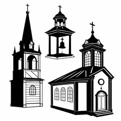 Three different church buildings in black and white
