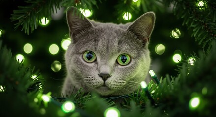 Curious gray cat with big green eyes peeking out from a Christmas tree. Festive holiday portrait of a cute pet surrounded by glowing green lights and bokeh