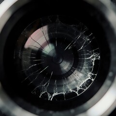 Close-up of a vintage film camera viewfinder with cracked glass
