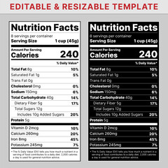 Nutrition label. Nutrition facts. Nutrition facts label template for food content, packaging design.