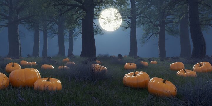 Spooky Halloween night with glowing pumpkins in a mysterious dark forest under a bright full moon, enchanted autumn landscape, festive background design, eerie glow, dark fantasy scene, holiday eve - Powered by Adobe