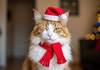 A funny ginger cat winking at the camera in a red Santa hat and scarf. Cute festive pet celebrating the Christmas holidays