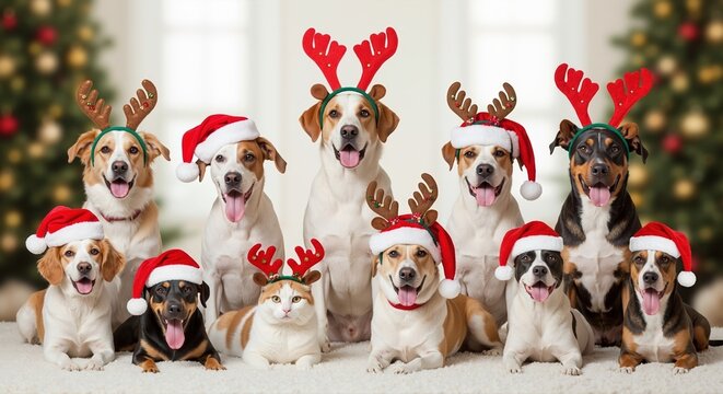 A large group of cute dogs and a cat wearing festive Christmas hats and antlers. Adorable pets posing together for a holiday party portrait
