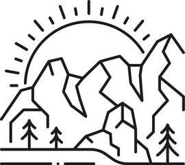 Sunset sunrise in mountains landscape line icon or emblem. Outdoor travel scene linear vector icon or pictogram. Wild nature landscape sign with sun setting or rising under mountain range, pine trees