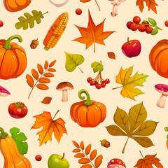 Autumn harvest vector seamless pattern with seasonal fall maple leaves, red apple and tomato, pumpkin, corn cob, oak acorn, rowan berries and mushrooms. Seasonal packaging, fabric print autumn pattern