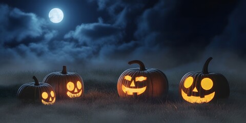 Spooky Halloween night with glowing jack-o'-lantern pumpkins, full moon, dark sky, misty background. Festive, cute, eerie design for autumn, holiday celebration, seasonal events. Perfect for banner
