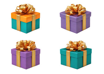 Obraz premium Four colorful gift boxes stacked, tied with gold ribbon.