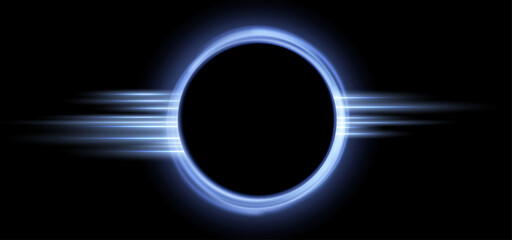 Blue magic ring with glowing. Neon realistic energy flare halo ring. Abstract light effect on a black background. Vector illustration.