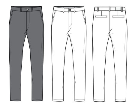 Male formal pant technical flat sketch vector mockup illustration.