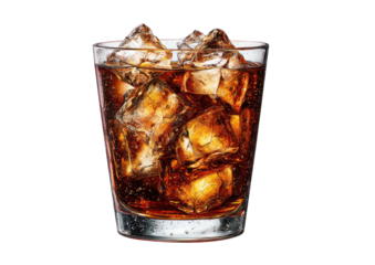 Iced dark beverage fills clear glass, with large ice cubes