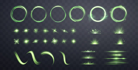Green lens flares, lines, flashes set. Spotlight with rays or and bokeh. Glow flare light effect. Isolated on transparent background. Vector illustration.