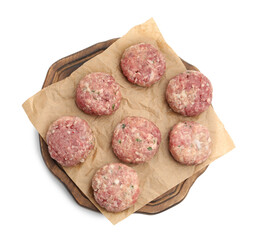 Raw meat patties isolated on white, top view