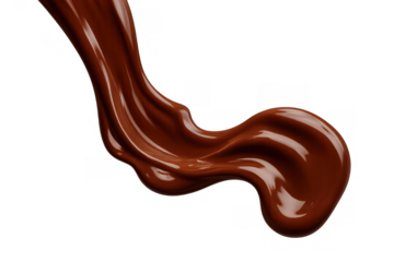 Melting chocolate hot fudge sauce pouring, delicious sweet creamy dessert topping, flow of brown liquid on transparent background