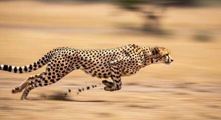 Cheetah running at high speed across a dry, dusty plain in the African savanna.