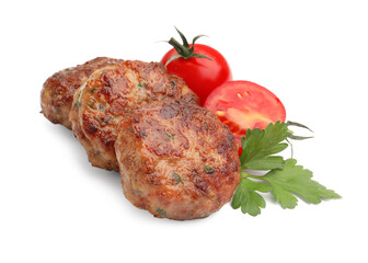 Roasted meat patties, tomatoes and parsley isolated on white