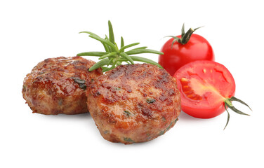 Roasted meat patties, tomatoes and rosemary isolated on white