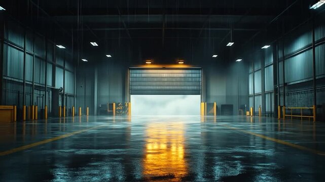 Interior of an empty, dimly lit industrial warehouse with a large open roller door