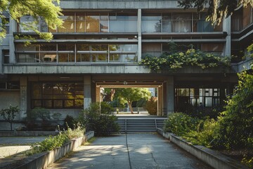 Fototapeta premium Concrete pathway leading through brutalist architecture building to green courtyard with trees and bushes