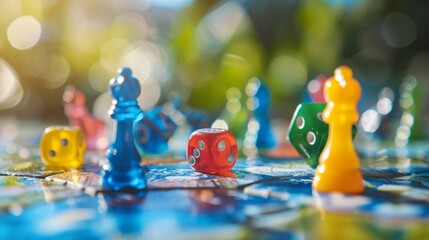 Close-up of multicoloured chips and dice on board game.
Used for articles about leisure, family pastime, advertising of board games, blogs about hobby.