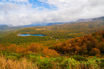 Autumn View from Mount Kurikoma: The Azure Sukawa Lake and Sukawa Onsen Surrounded by Vibrant Fall Foliage (Kurikoma Quasi-National Park, Akita)